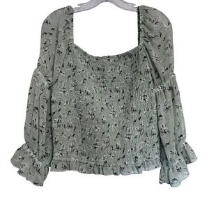 By & By Sz XL Smocked Top Mint Green Floral Marie Sleeves Chiffon Ruffle Sheer